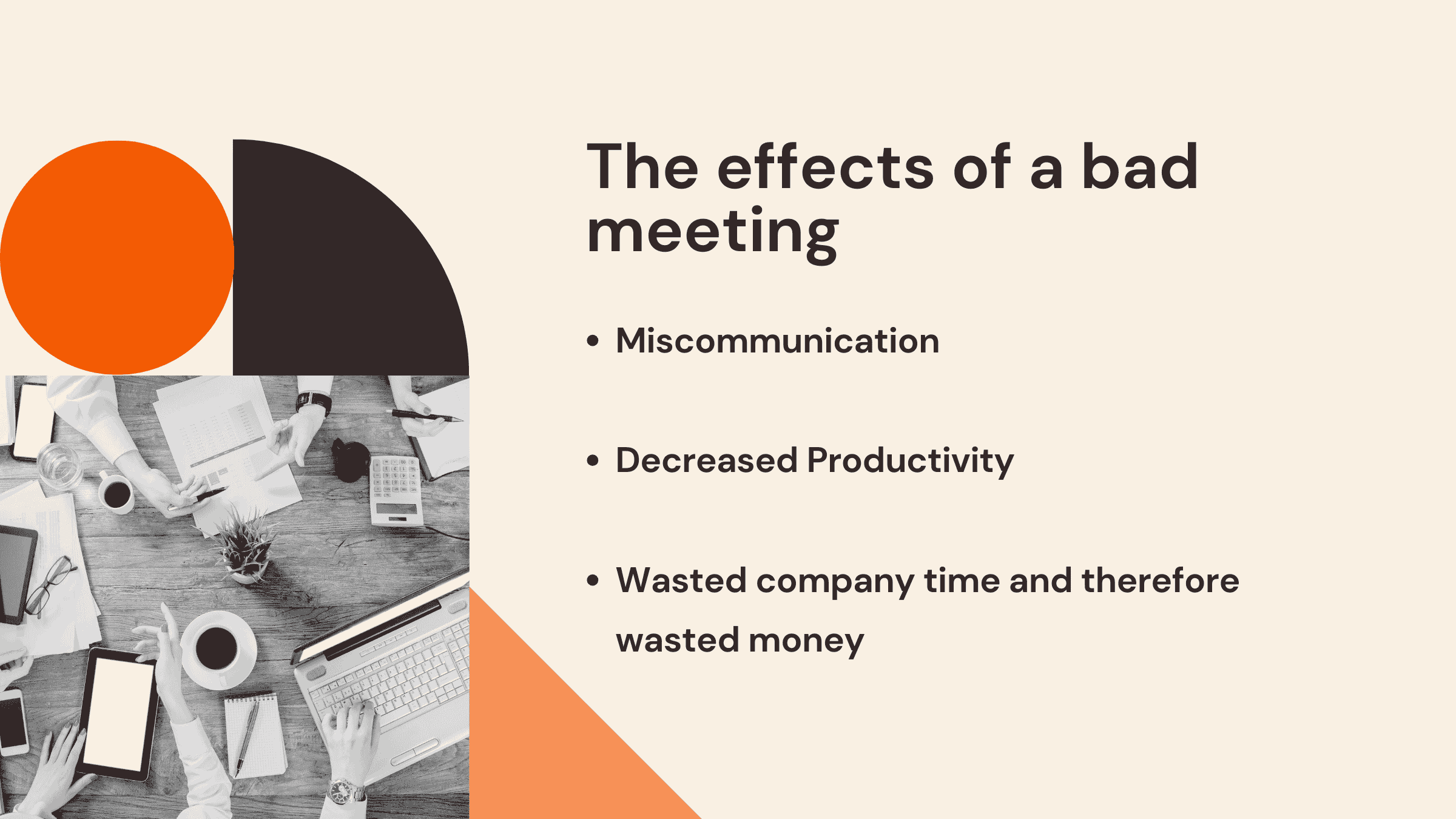Infographic titled 'The effects of a bad meeting', along with bullet points